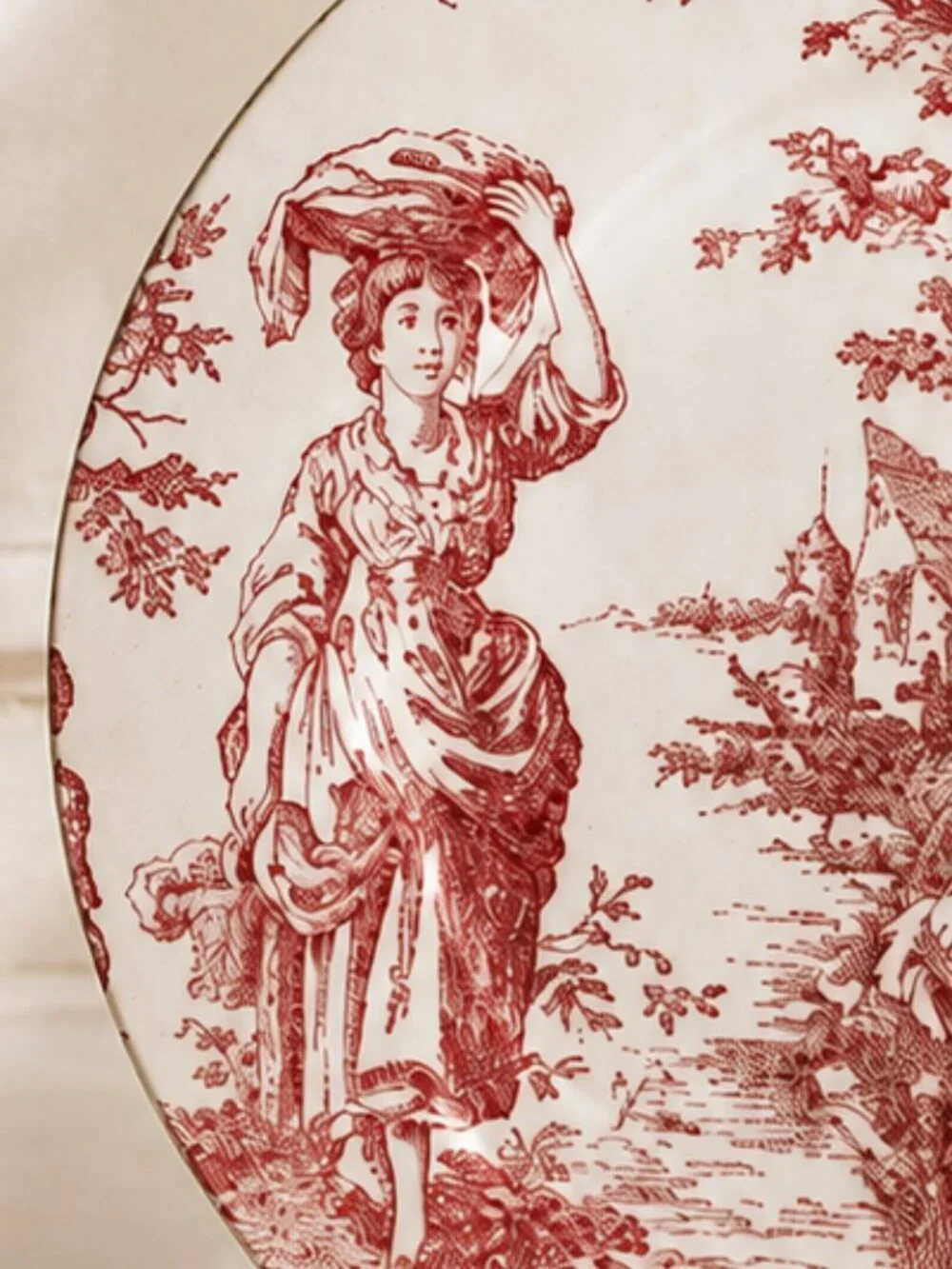 Vintage Red Toile De Jouy Country Life Pastoral Scene Charger Plate